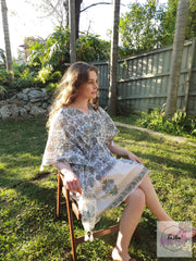 Short Kaftan - Gray Floral Print With Tussles