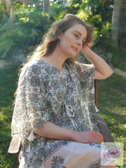 Short Kaftan - Gray Floral Print With Tussles