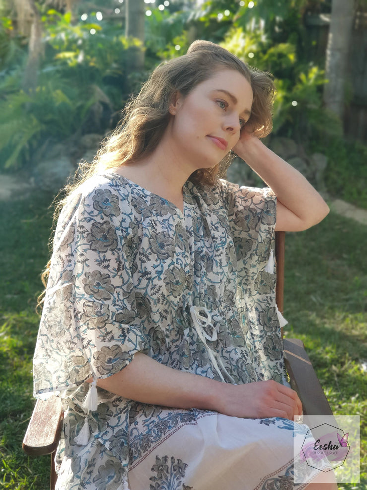 Short Kaftan - Gray Floral Print With Tussles