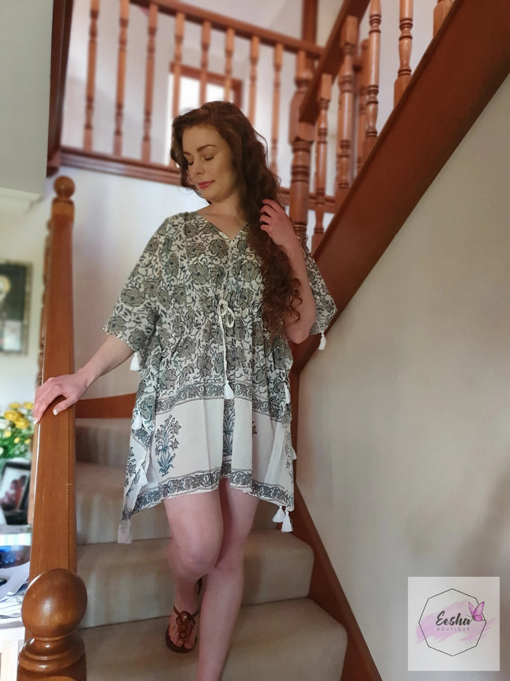 Short Kaftan - Gray Floral Print With Tussles
