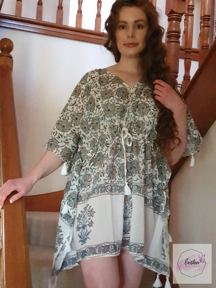 Short Kaftan - Gray Floral Print With Tussles