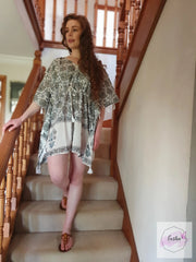 Short Kaftan - Gray Floral Print With Tussles