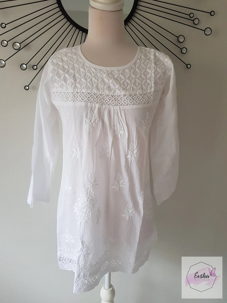Lily -  White Indian Cotton Tunic Top With Chikankari Hand Embroidery