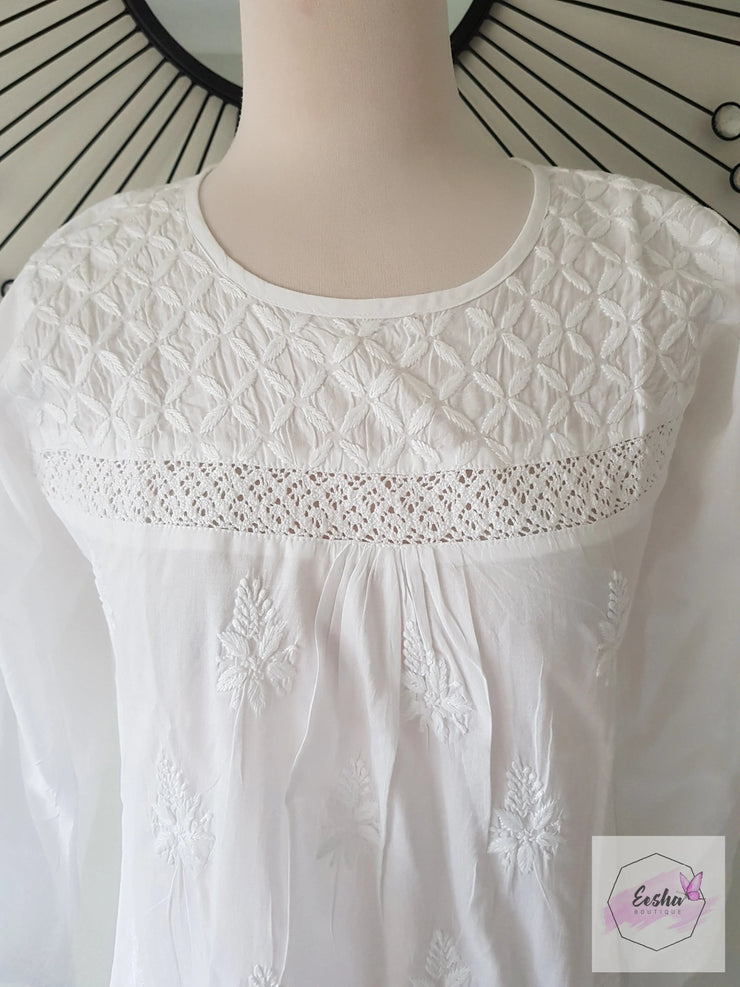 Lily -  White Indian Cotton Tunic Top With Chikankari Hand Embroidery