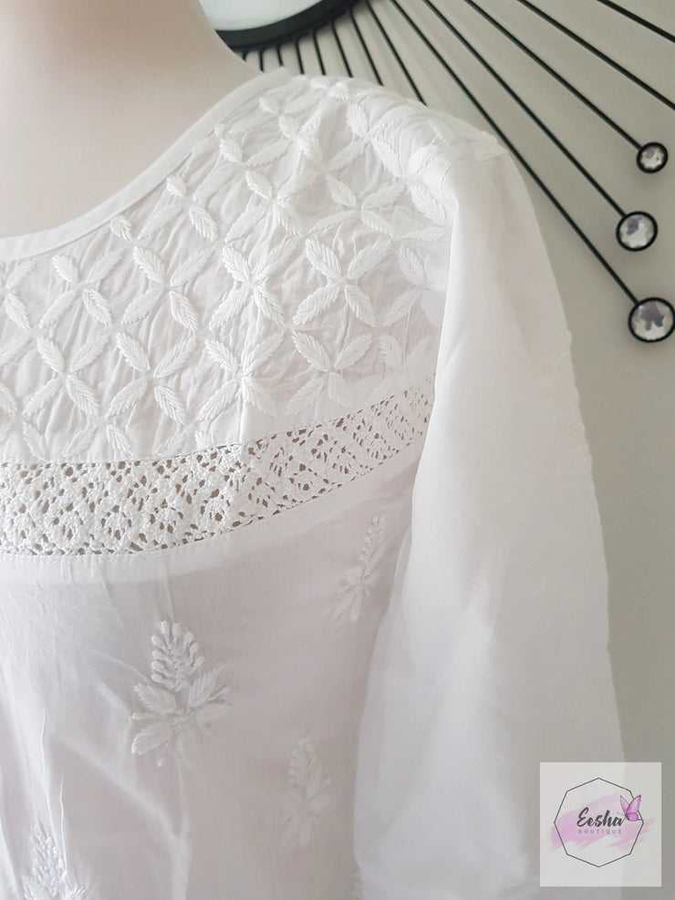 Lily -  White Indian Cotton Tunic Top With Chikankari Hand Embroidery