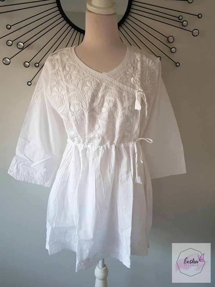 Violet- Indian Cotton White Short Top With Chikankari Hand Embroidery