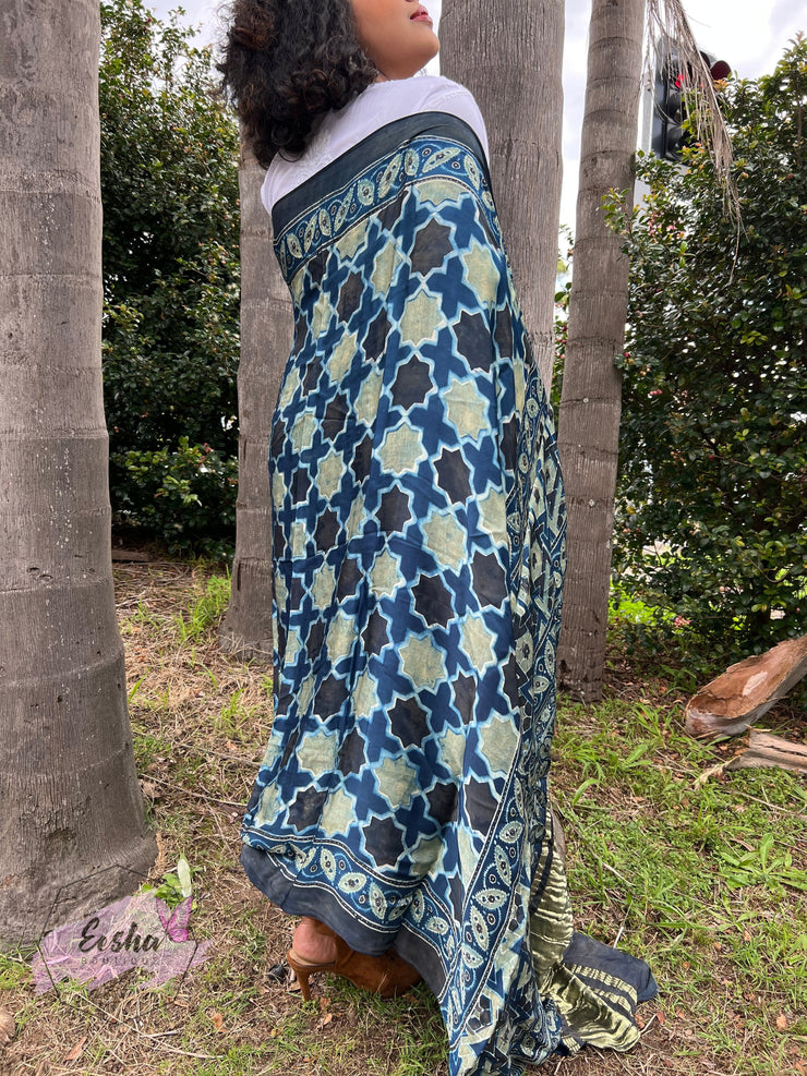 Ajrakh Modal Silk Lagdi Patta Shawl Dupatta - Blue Star
