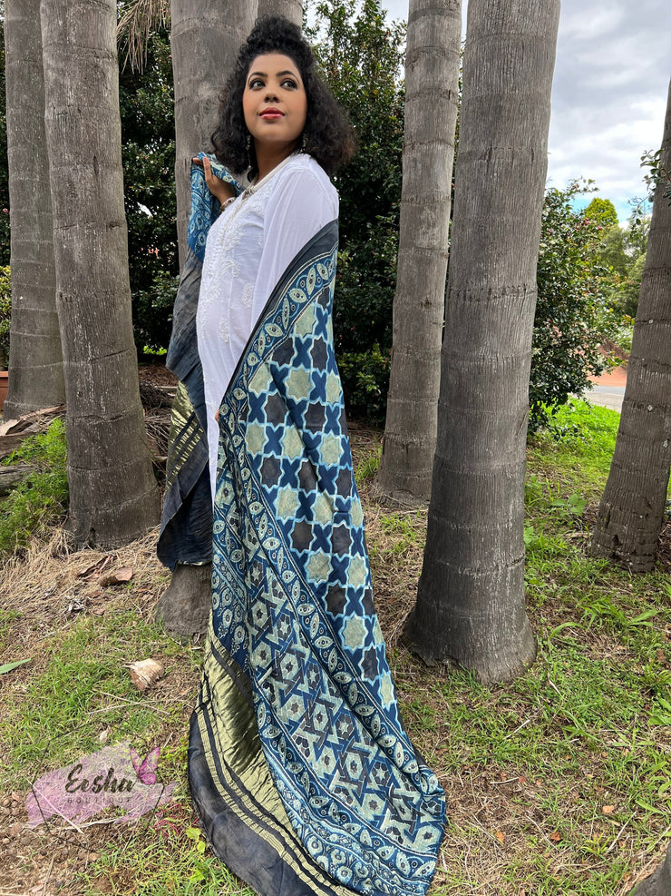 Ajrakh Modal Silk Lagdi Patta Shawl Dupatta - Blue Star