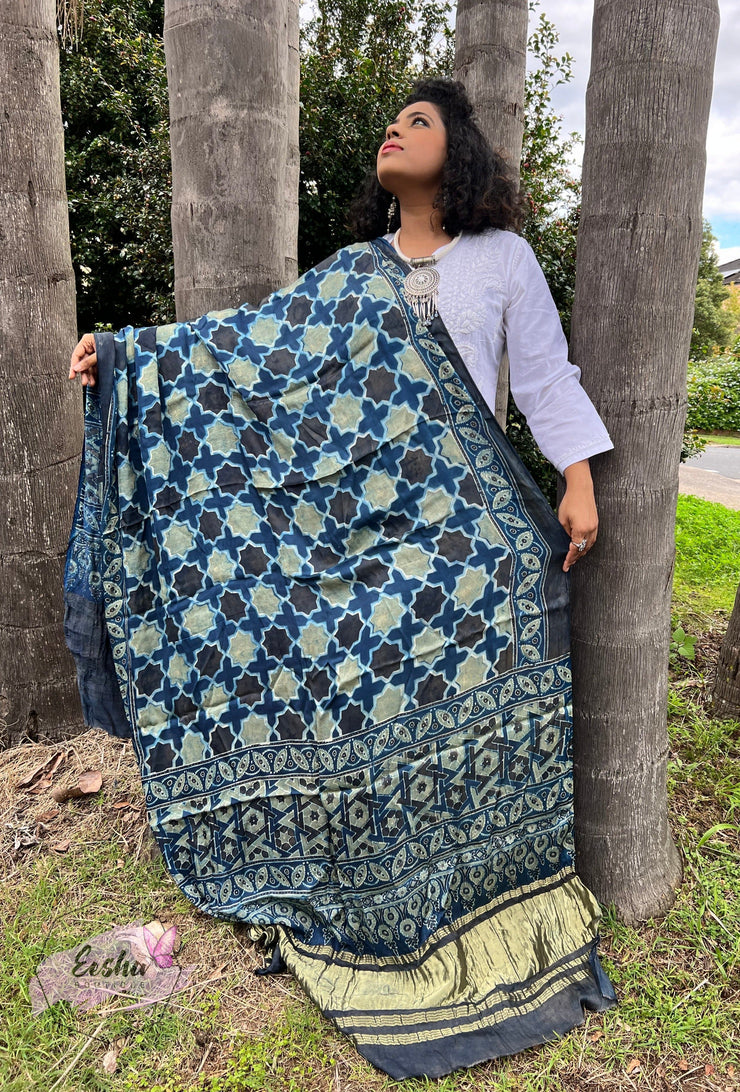 Ajrakh Modal Silk Lagdi Patta Shawl Dupatta - Blue Star