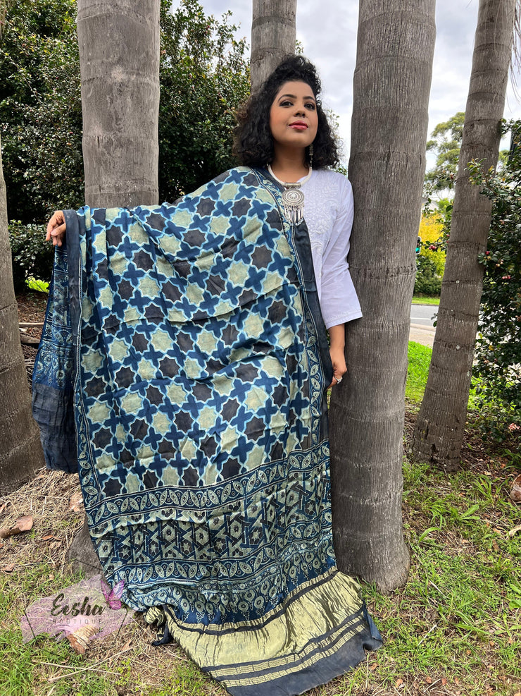 Ajrakh Modal Silk Lagdi Patta Shawl Dupatta - Blue Star