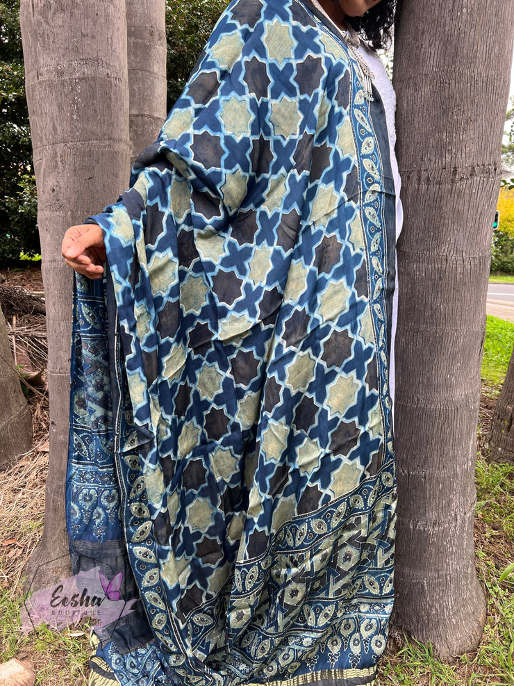 Ajrakh Modal Silk Lagdi Patta Shawl Dupatta - Blue Star