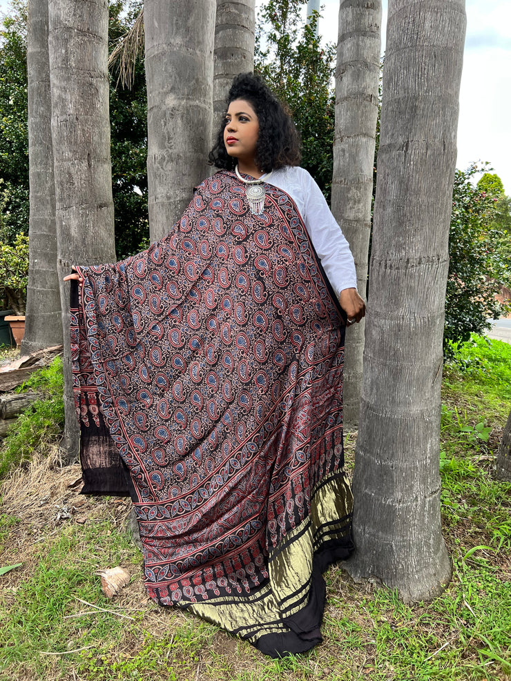 Ajrakh Modal Silk Lagdi Patta Shawl Dupatta - Paisley