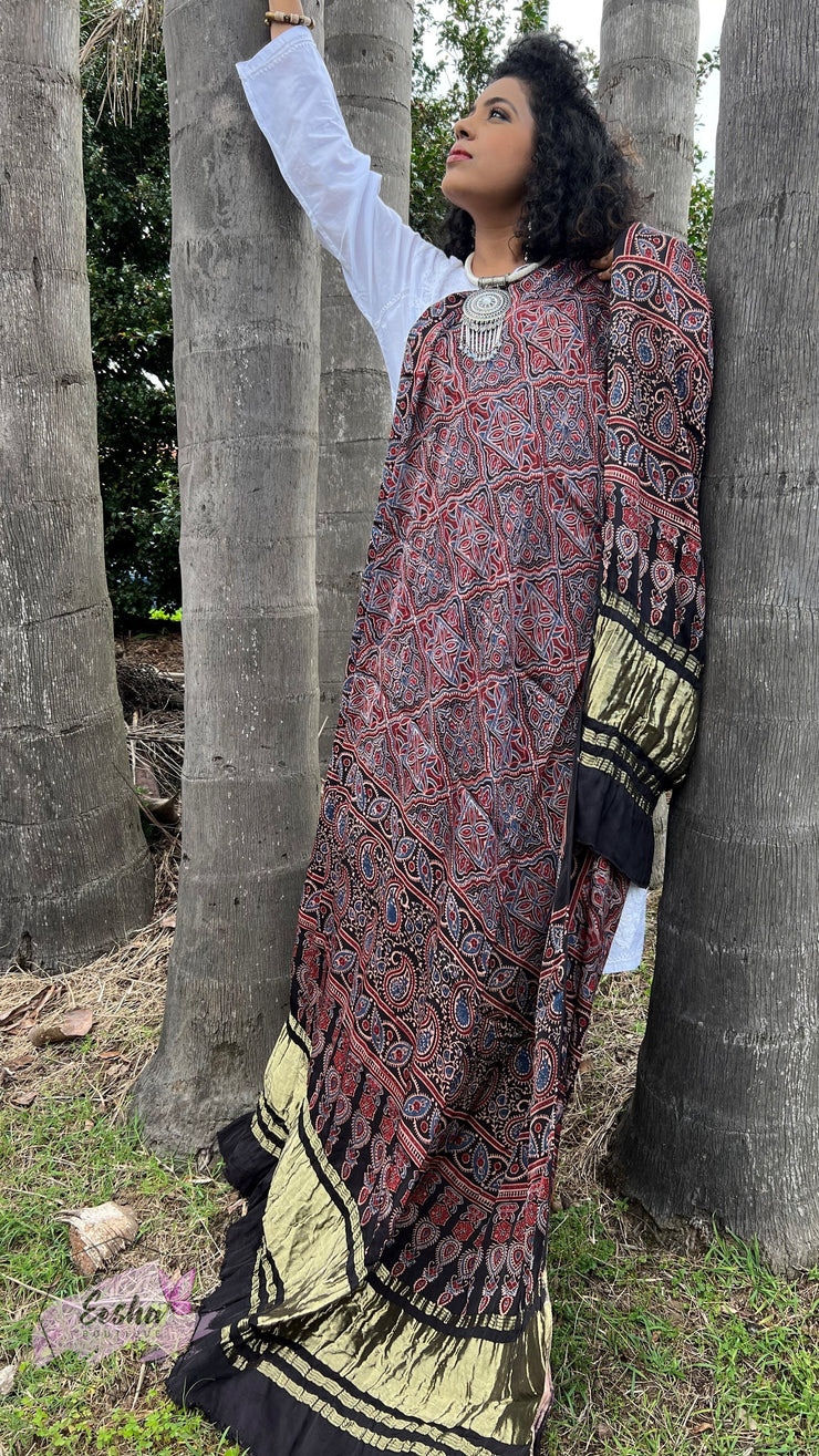 Ajrakh Modal Silk Lagdi Patta Dupatta - Rangoli