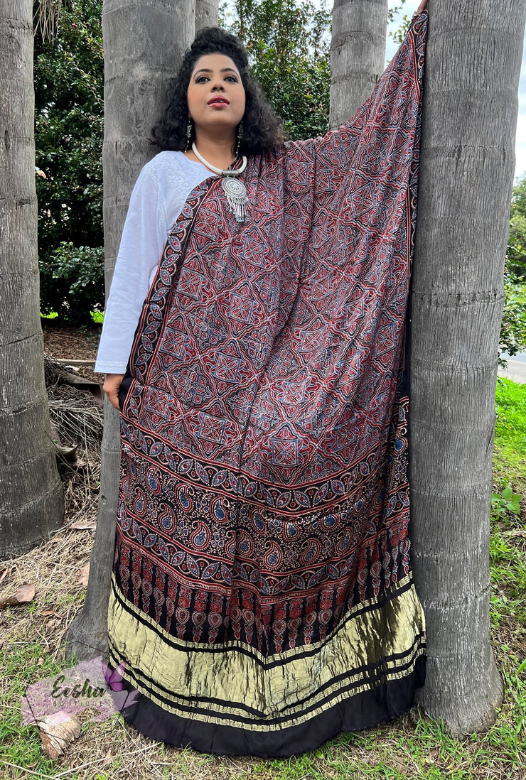 Ajrakh Modal Silk Lagdi Patta Dupatta - Rangoli