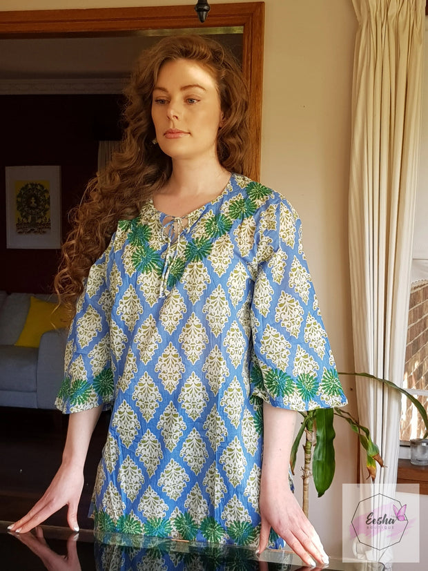 Sky Blue Bell Sleeves Hand Block Print Tunic with Hand Embroidery