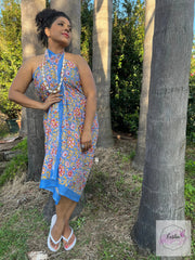 Block Print Sarong-Blue with Red Flowers