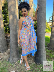 Block Print Sarong-Blue with Red Flowers