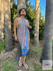 Block Print Sarong-Blue with Red Flowers