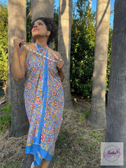 Block Print Sarong-Blue with Red Flowers