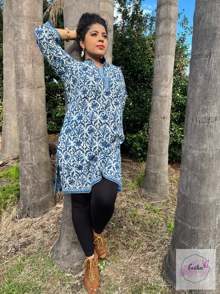 Indigo Floral Dabu Hand Block Print Tunic