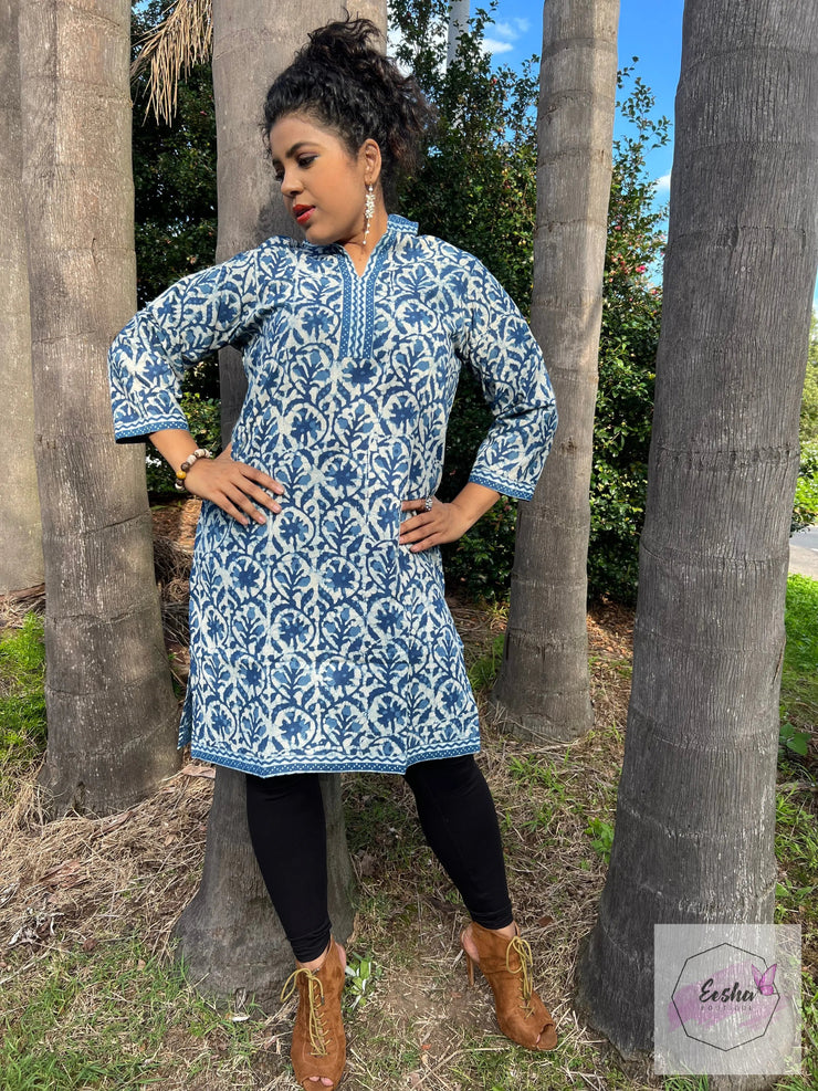 Indigo Floral Dabu Hand Block Print Tunic
