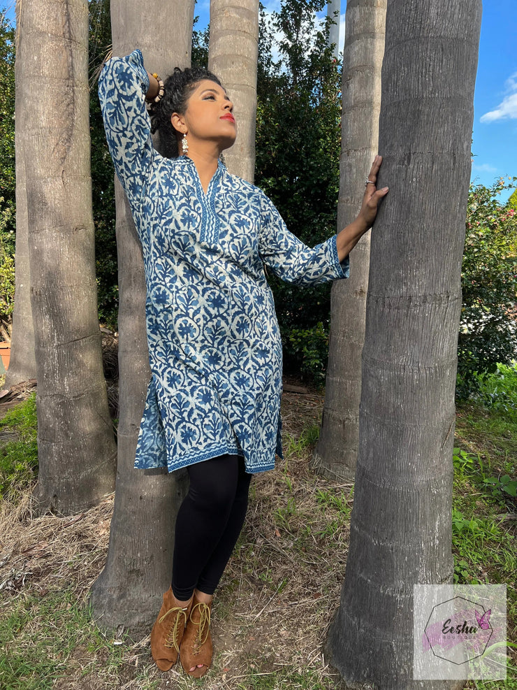 Indigo Floral Dabu Hand Block Print Tunic