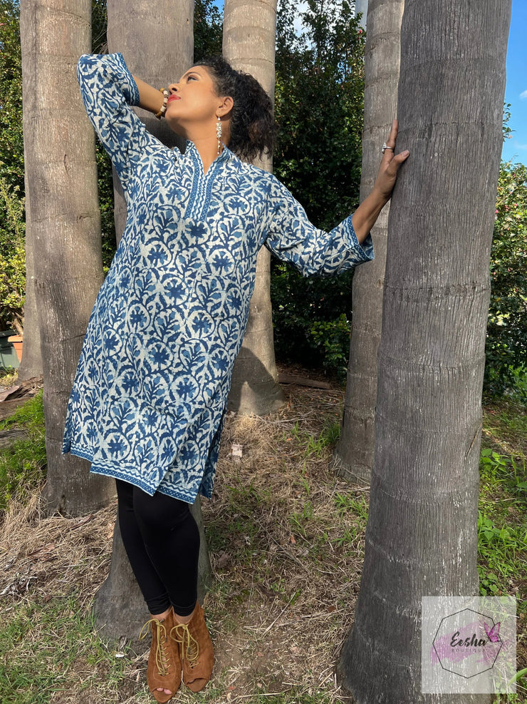 Indigo Floral Dabu Hand Block Print Tunic