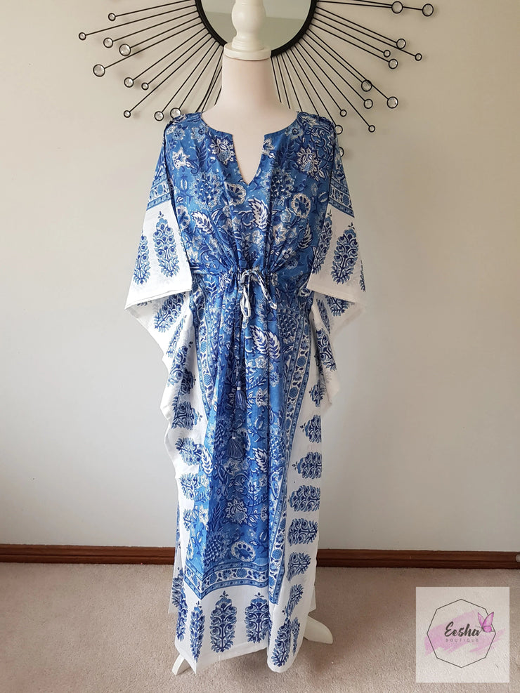 Blue Sunflower - Hand Block Print Long Kaftan