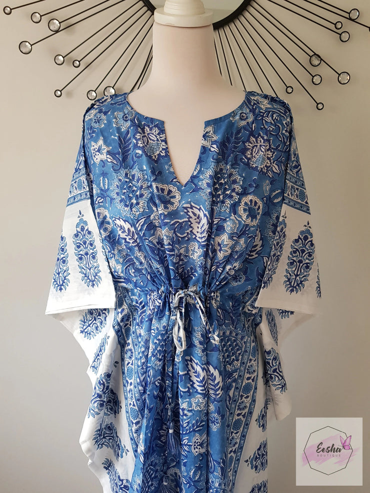 Blue Sunflower - Hand Block Print Long Kaftan