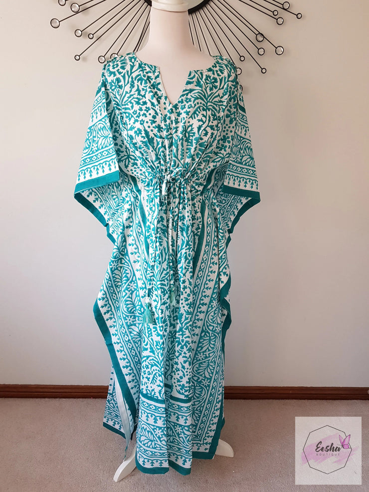 Aqua - Hand Block Print Long Kaftan