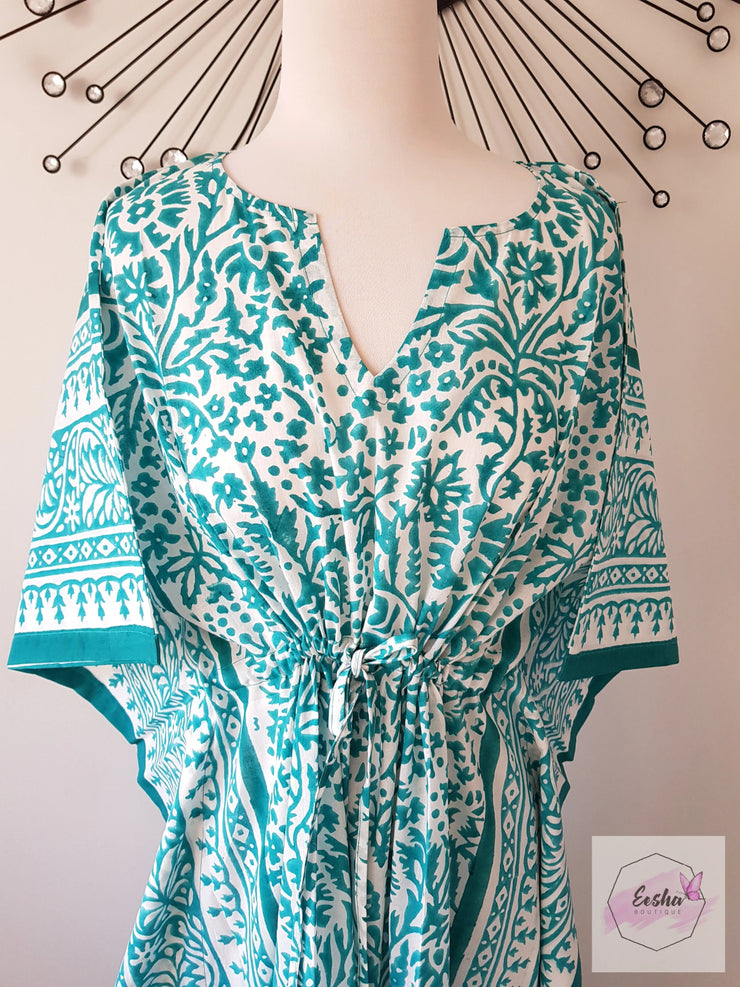 Aqua - Hand Block Print Long Kaftan