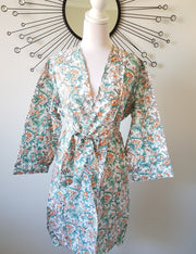 Bird Print Short Kimono Robe