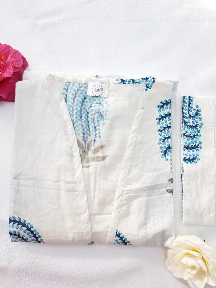 Blue Mughal Short Kimono Robe, XS-L Size - Kimono Robe by EeshaBoutique - gshop, Short Robe