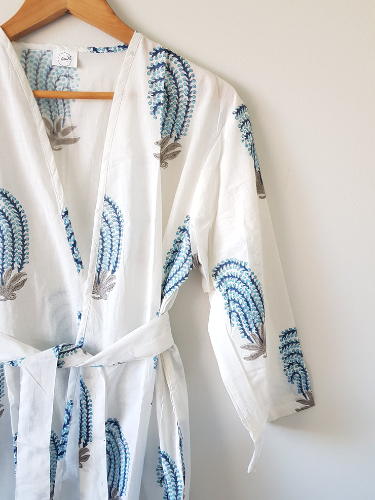 Blue Mughal Short Kimono Robe, XS-L Size - Kimono Robe by EeshaBoutique - gshop, Short Robe