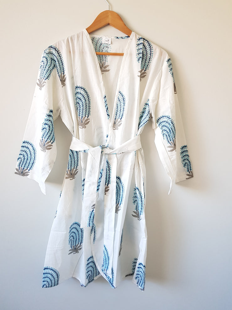 Blue Mughal Short Kimono Robe, XS-L Size - Kimono Robe by EeshaBoutique - gshop, Short Robe