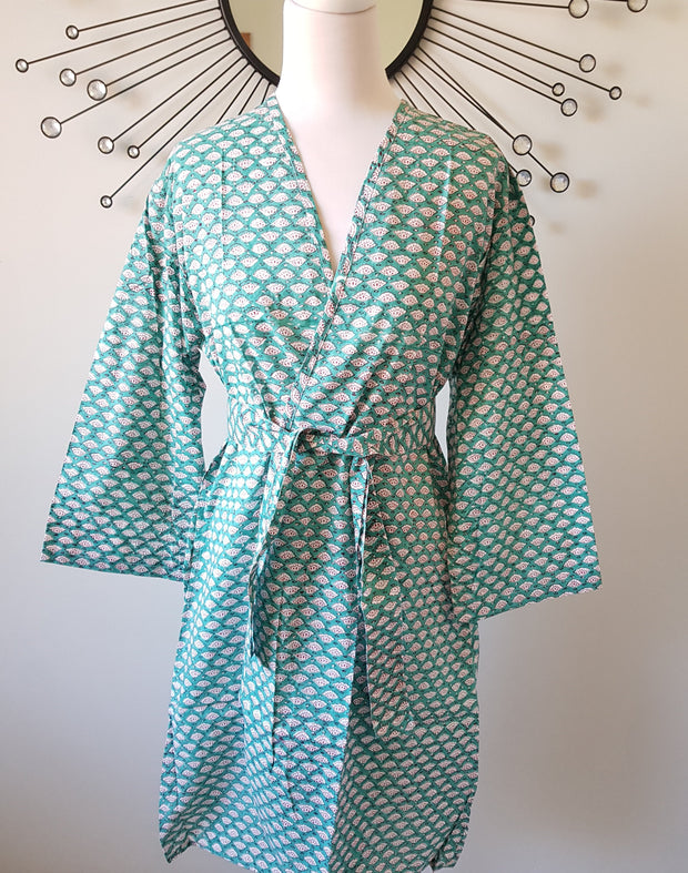 Hand Block Print Kimono Robe, Bridal Robe