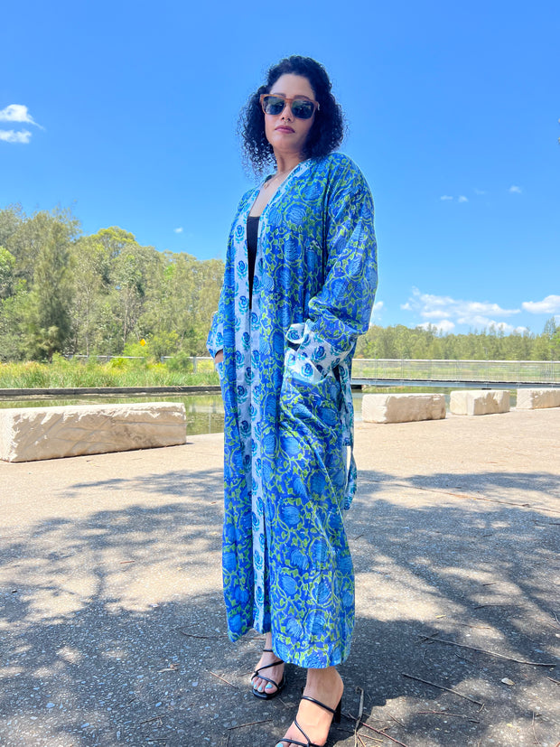 Blue Lotus Long Kimono Robe - EeshaBoutique