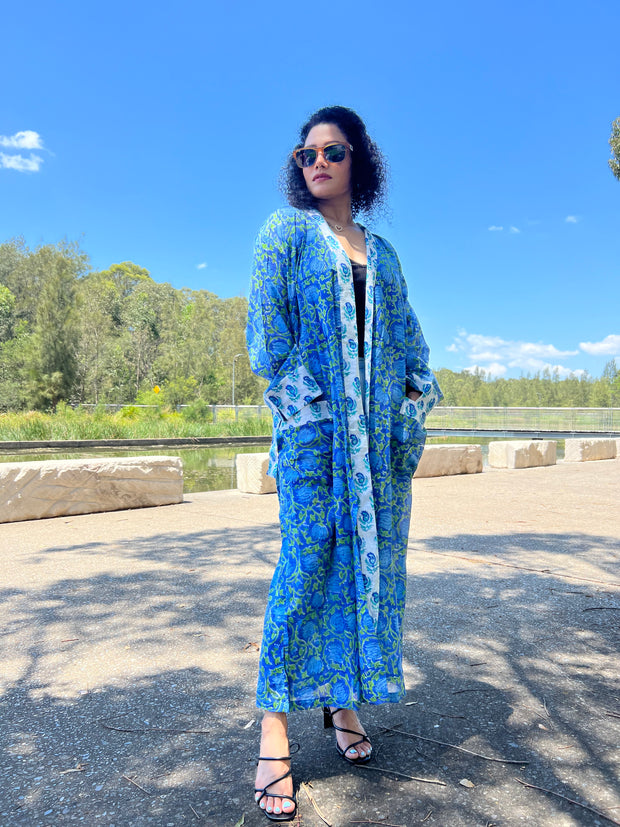 Blue Lotus Long Kimono Robe - EeshaBoutique