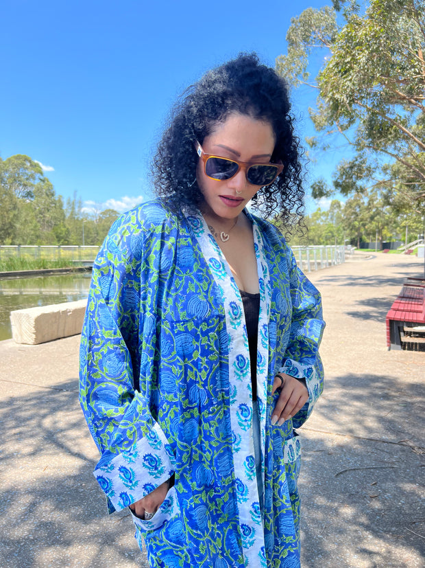 Blue Lotus Long Kimono Robe - EeshaBoutique