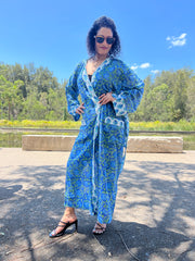 Blue Lotus Long Kimono Robe - EeshaBoutique