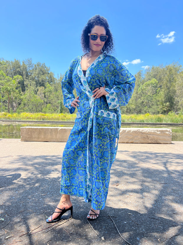 Blue Lotus Long Kimono Robe - EeshaBoutique