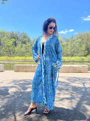 Blue Lotus Long Kimono Robe - EeshaBoutique