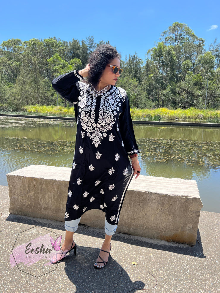 Chandani Tunic - Black - Hand Embroidered Kurta