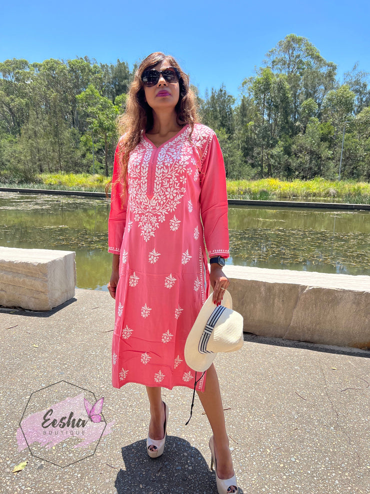 Chandani Tunic - Peach - Hand Embroidered Chikankari Kurta