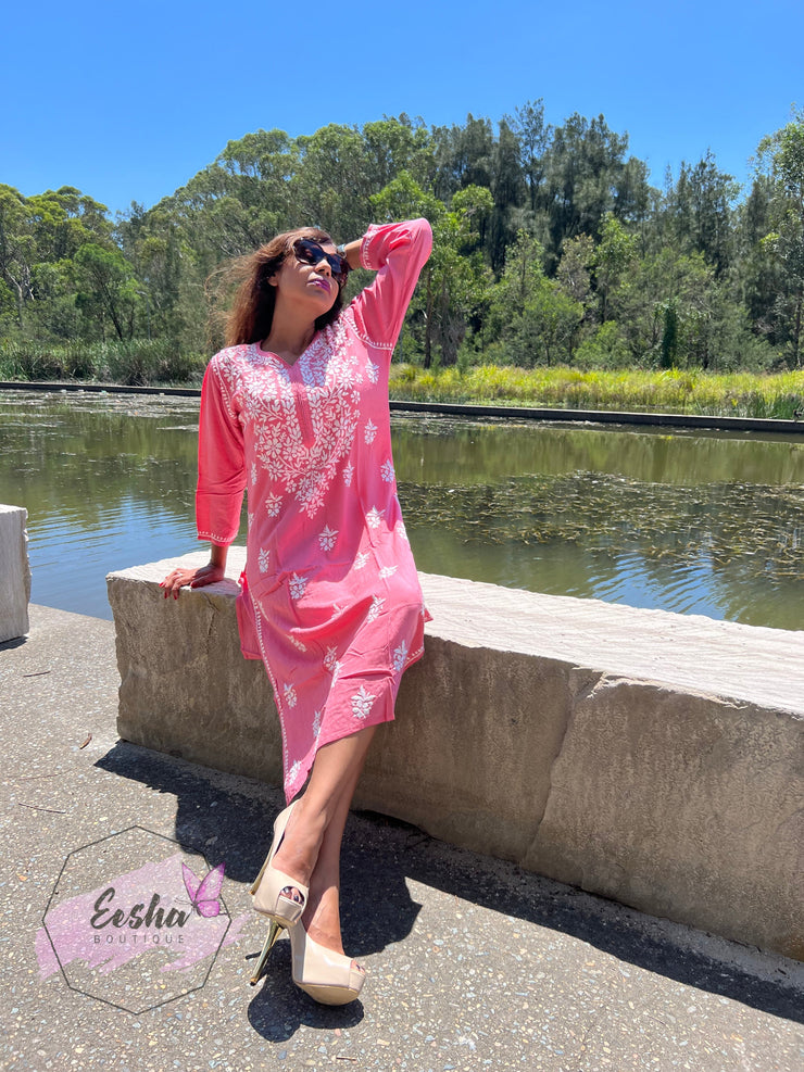 Chandani Tunic - Peach - Hand Embroidered Chikankari Kurta