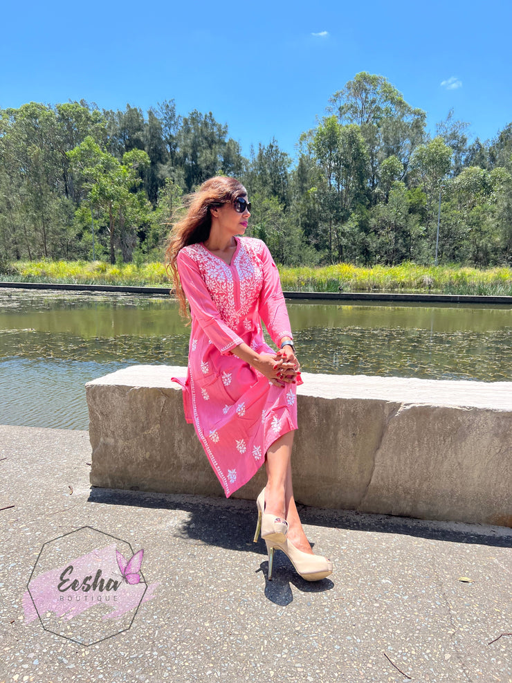 Chandani Tunic - Peach - Hand Embroidered Chikankari Kurta