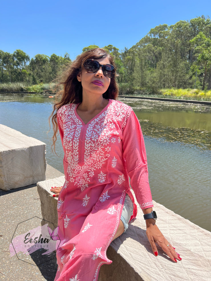 Chandani Tunic - Peach - Hand Embroidered Chikankari Kurta