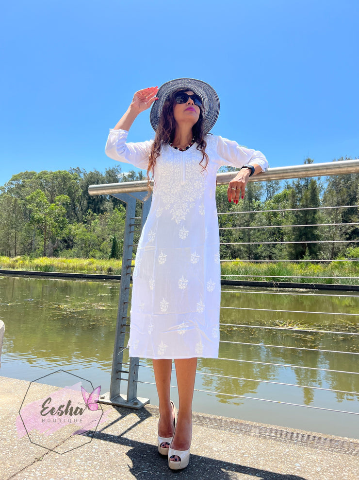 Chandani Tunic - White - Hand Embroidered Chikankari Kurta