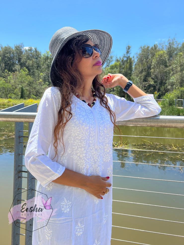 Chandani Tunic - White - Hand Embroidered Chikankari Kurta