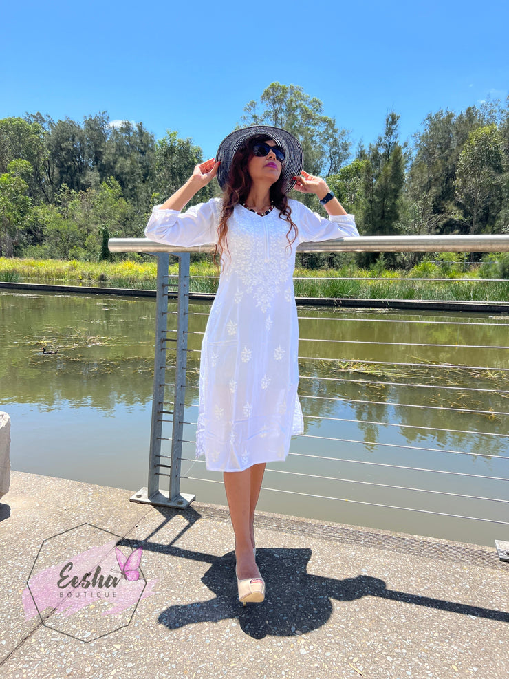 Chandani Tunic - White - Hand Embroidered Chikankari Kurta
